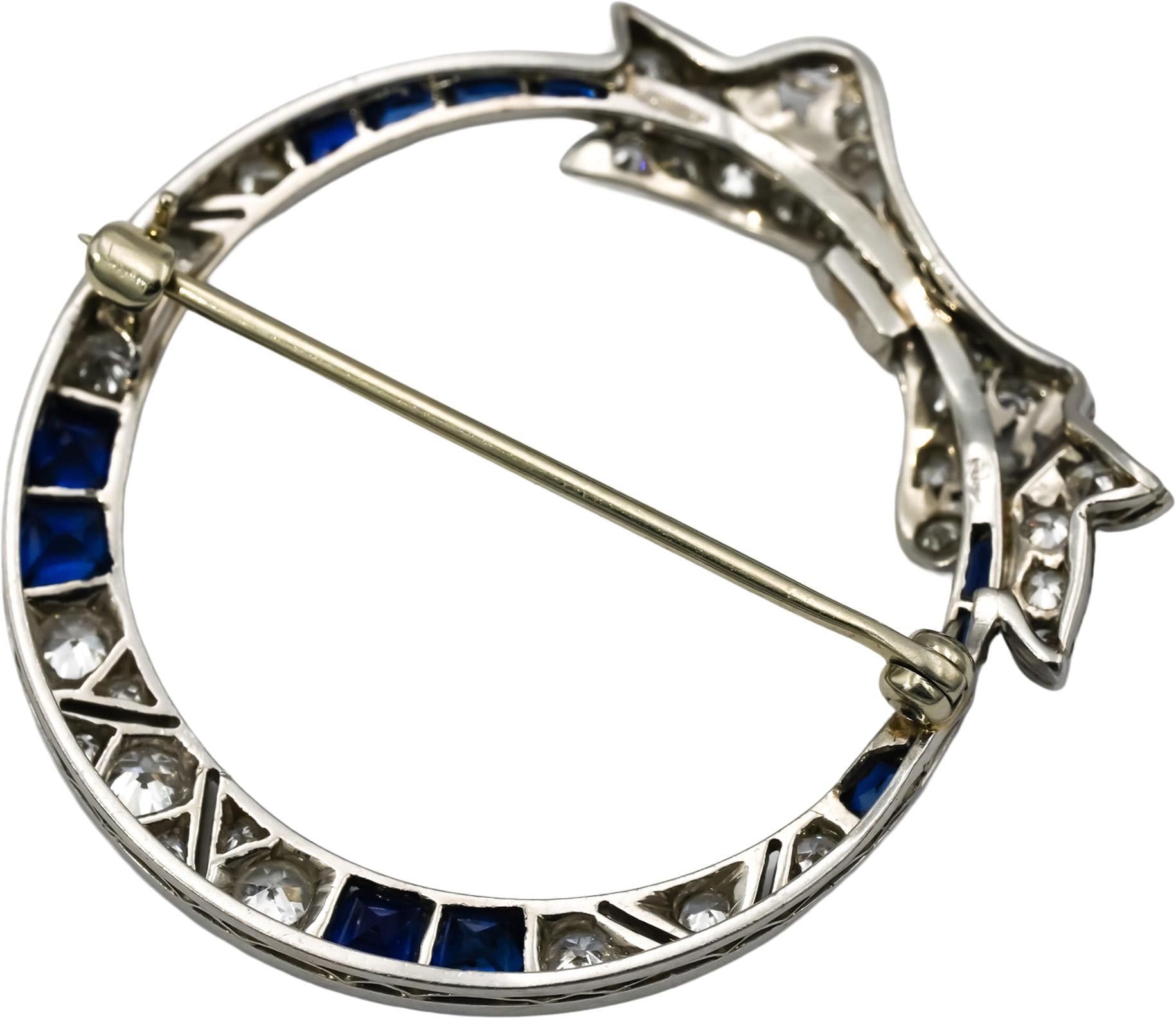 Art Deco Platinum VS Diamond and Synthetic Sapphire Wreath Ribbon Brooch 1.85CT