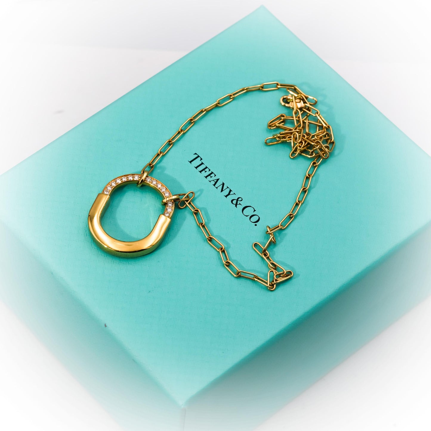 TIFFANY & CO. 18k Yellow Gold Diamond Lock Pendant Necklace 8700 Retail w/ Box