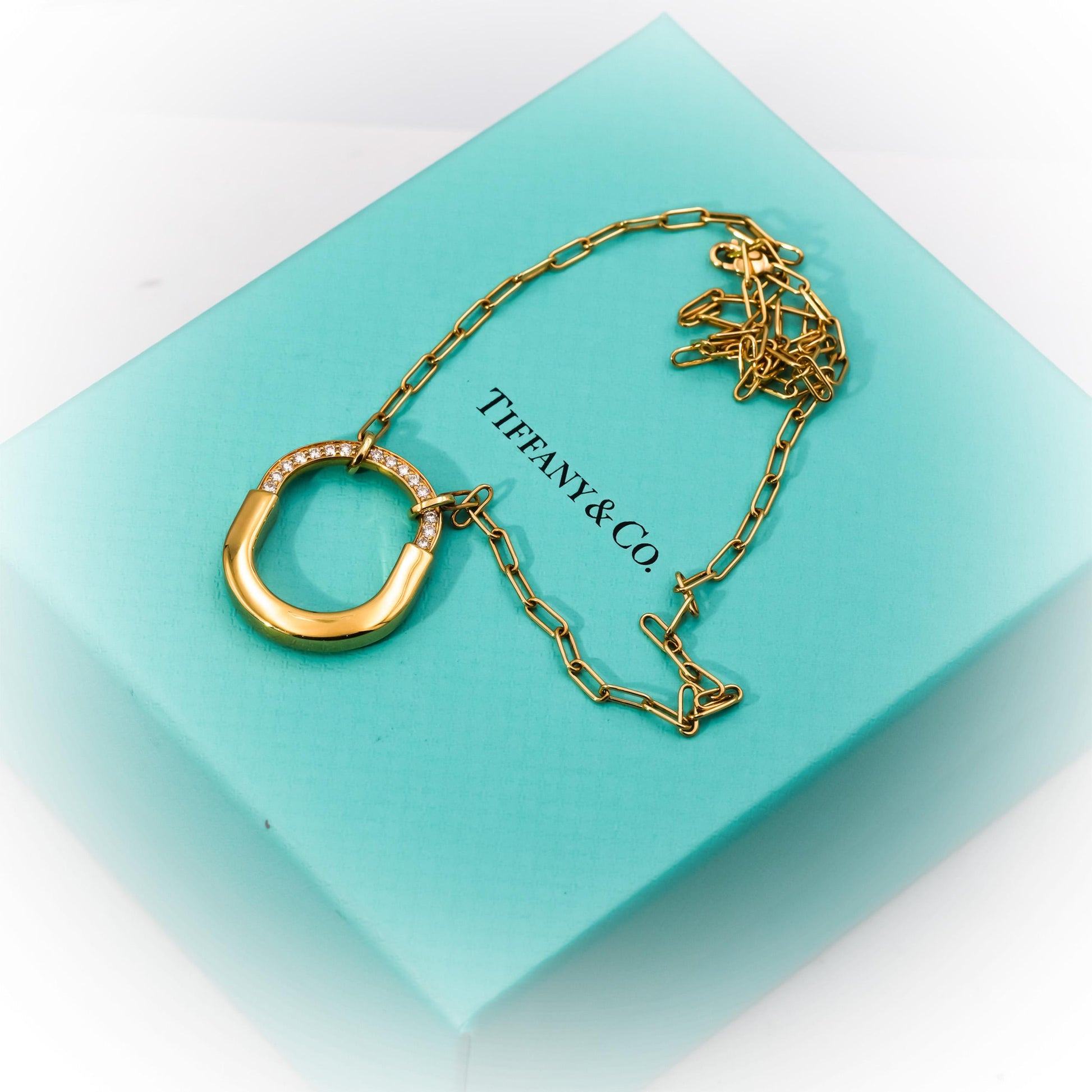 TIFFANY & CO. 18k Yellow Gold Diamond Lock Pendant Necklace 8700 Retail w/ Box