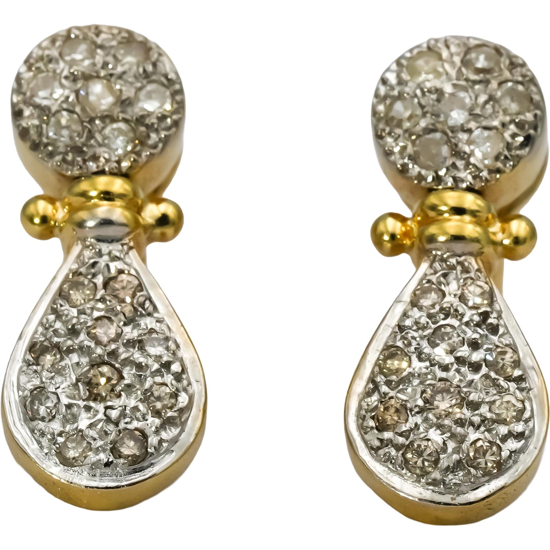 18k Yellow & White Gold Round Diamond Cluster Drop Earrings 0.25CT