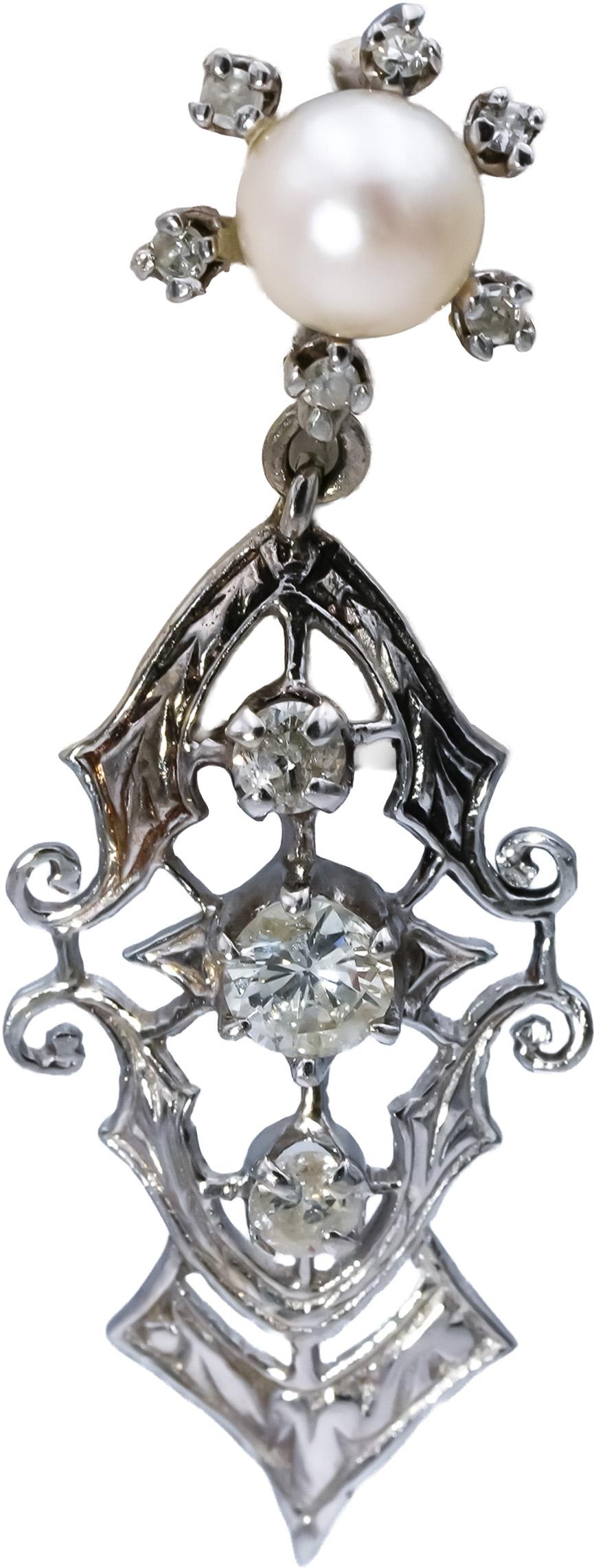 Vintage Antique 14k White Gold Diamond and 6.2mm Pearl Dangle Earrings 1.10CT