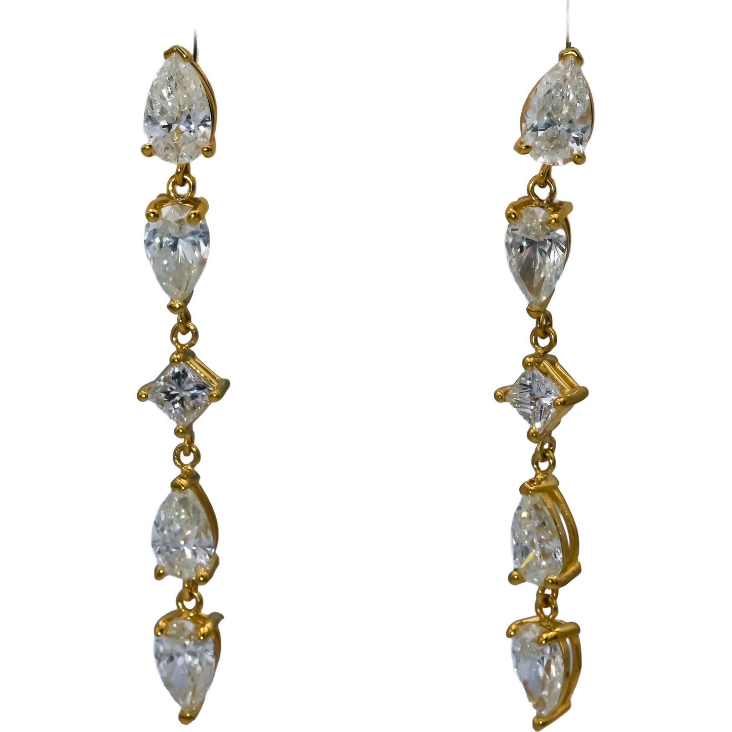 14k Yellow Gold Pear and Princess Cut Diamond Dangle Earrings 4.79CT