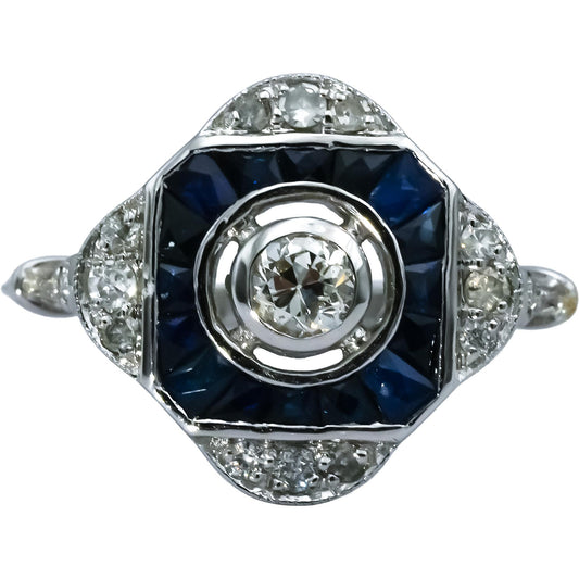 Antique 18k White Gold Diamond and Sapphire Ring 0.25CT Size 7