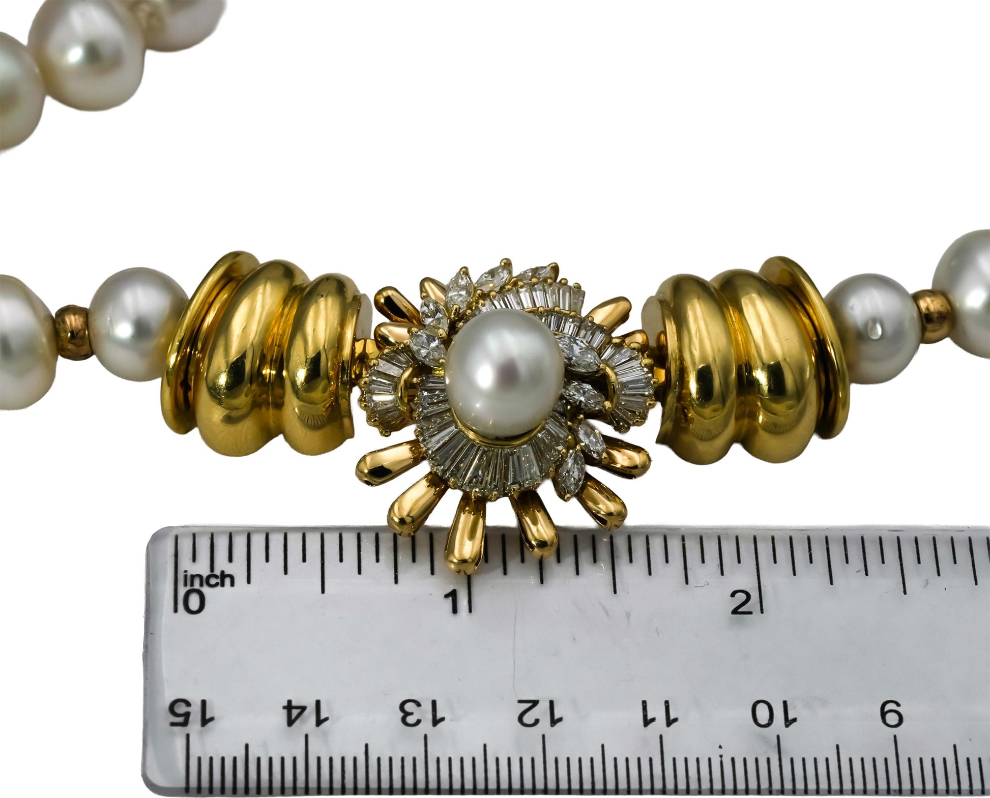 18k Yellow Gold Diamond & 10-12.5mm Cultured Pearl Strand Necklace 3.0CT