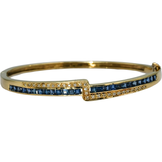 14k Yellow Gold Diamond and Blue Sapphire Bangle Bracelet 2.50CT