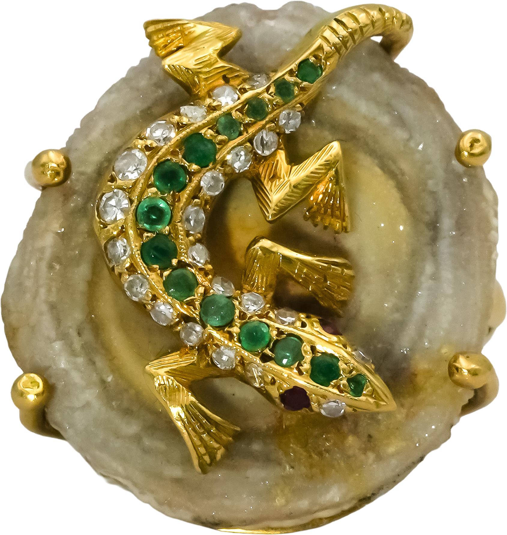 18k Yellow Gold Diamond Emerald Geode Slice Moving Lizard Ring 0.48CT Size 8.25