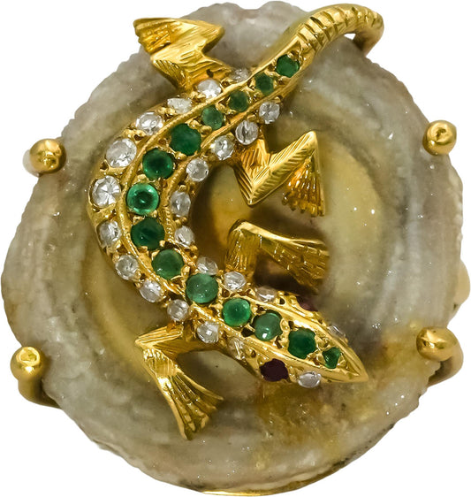 18k Yellow Gold Diamond Emerald Geode Slice Moving Lizard Ring 0.48CT Size 8.25
