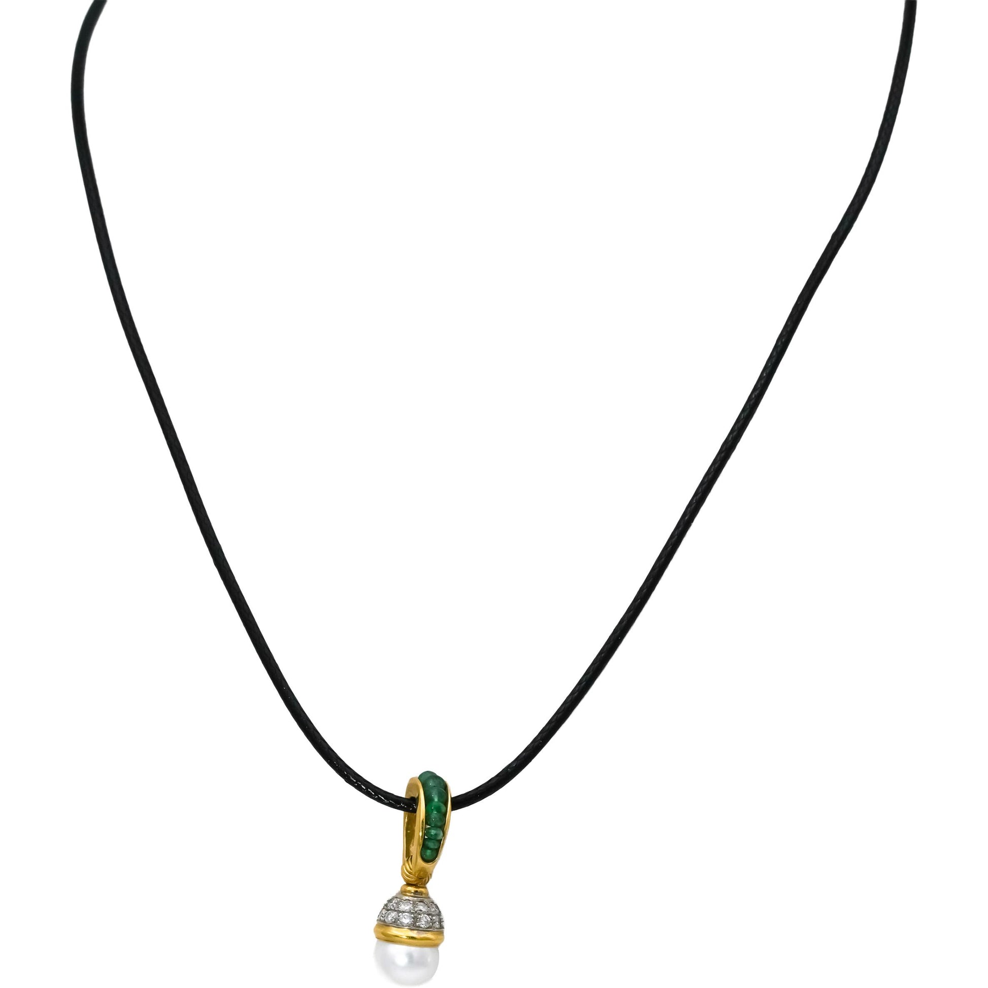 18k Yellow Gold VS Diamond and Pearl Pendant Necklace w/ Emerald Accents 0.30CT