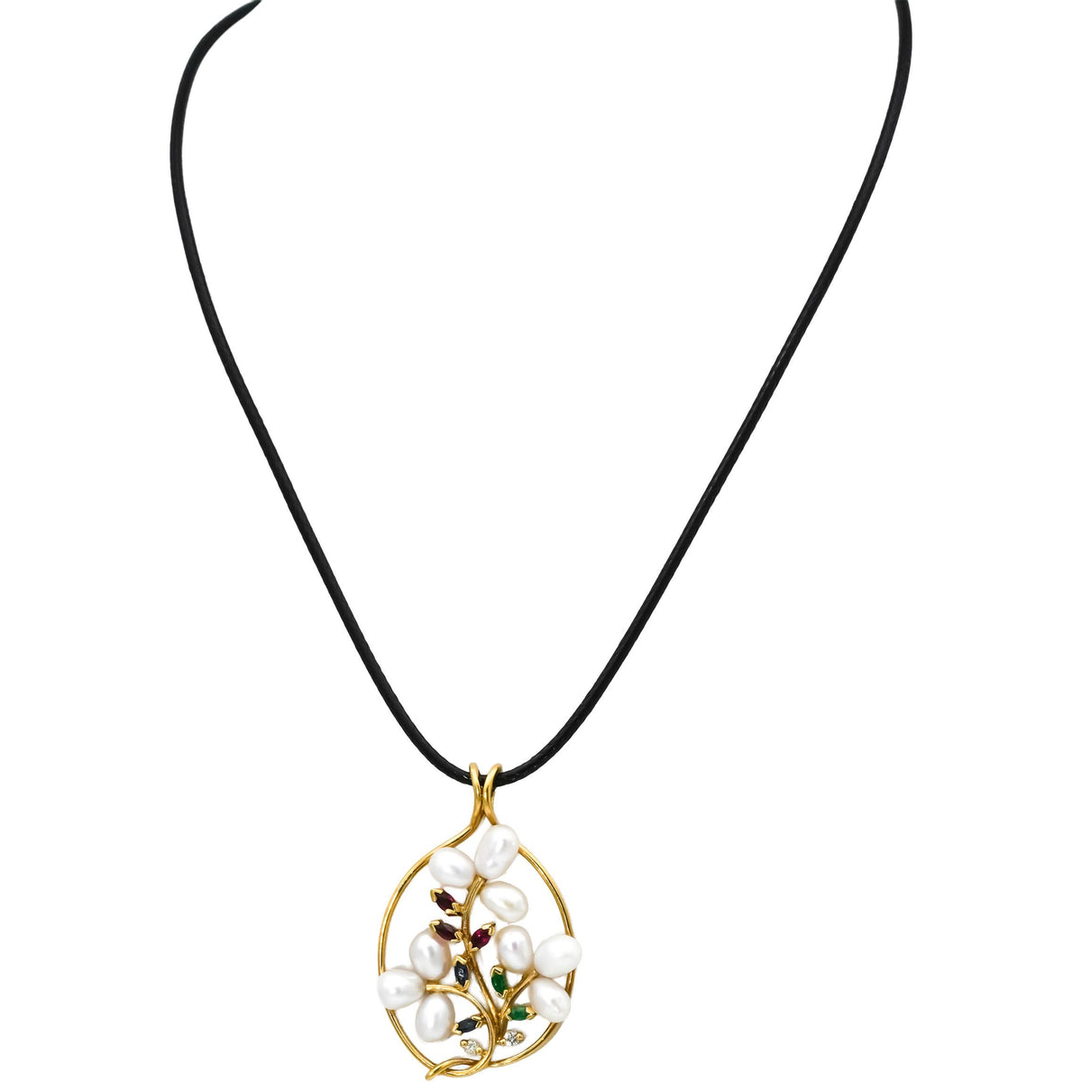18k Gold Ruby Emerald Sapphire Pearl Floral Pendant Necklace w/ Diamonds .35CT