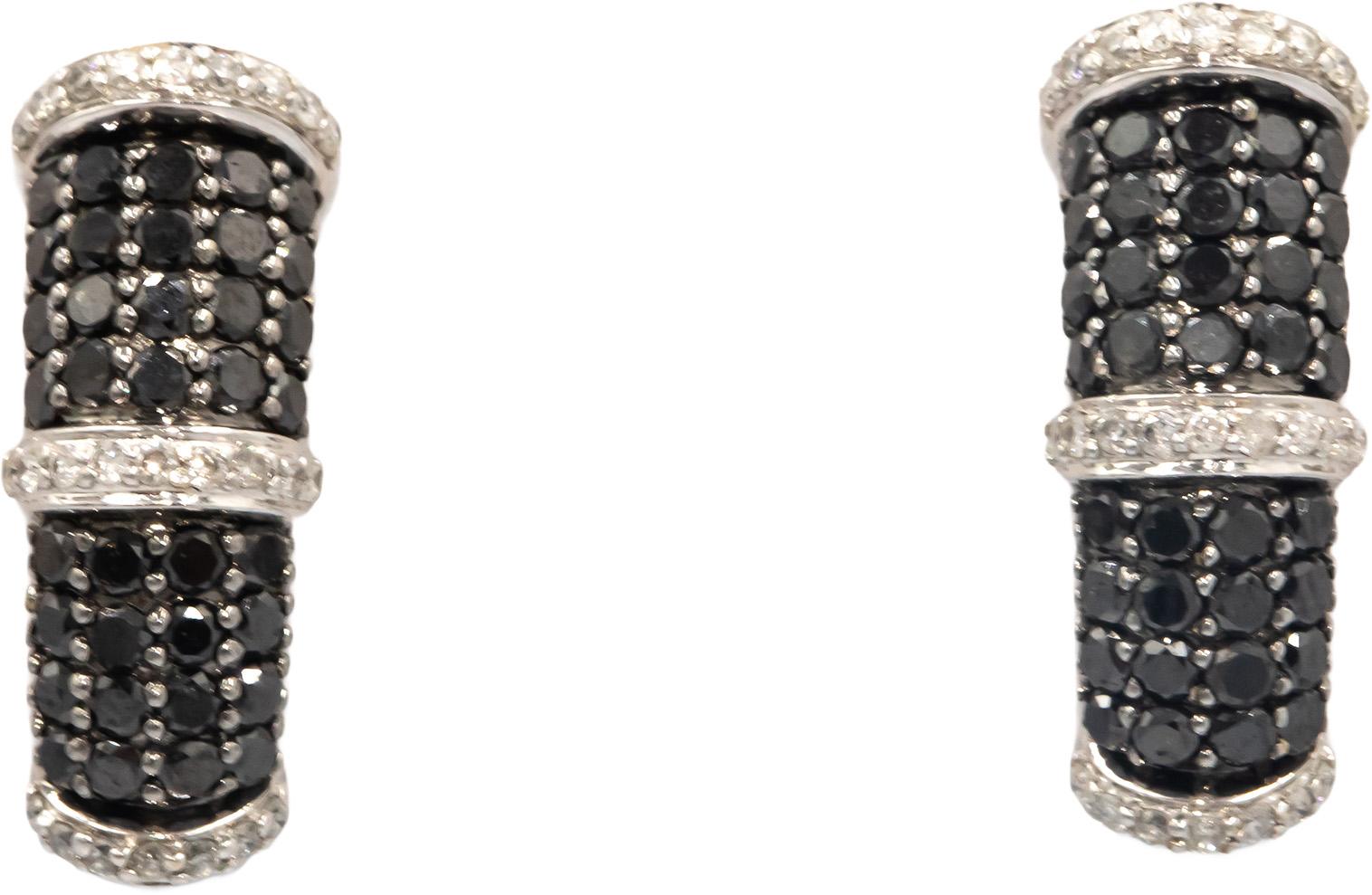 14k White Gold 1.50CT Black and White Diamond Curved Huggie Earrings