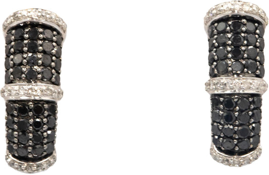 14k White Gold 1.50CT Black and White Diamond Curved Huggie Earrings