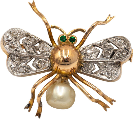 Antique 18k & 14k White Yellow Gold 0.08CT Diamond and Pearl Insect Fly Brooch