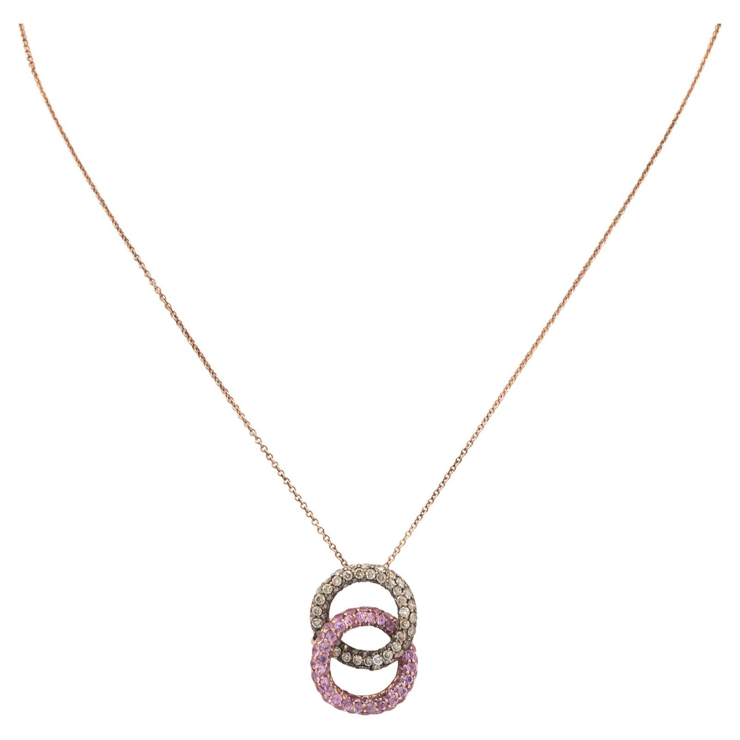 14k Gold 2.0CT Brown Diamond and Pink Sapphire Double Circle Pendant Necklace