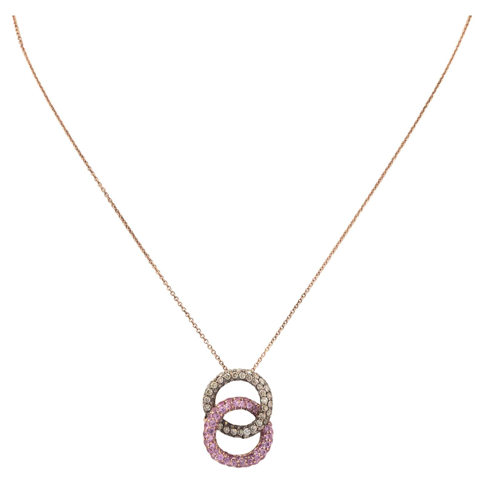 14k Gold 2.0CT Brown Diamond and Pink Sapphire Double Circle Pendant Necklace