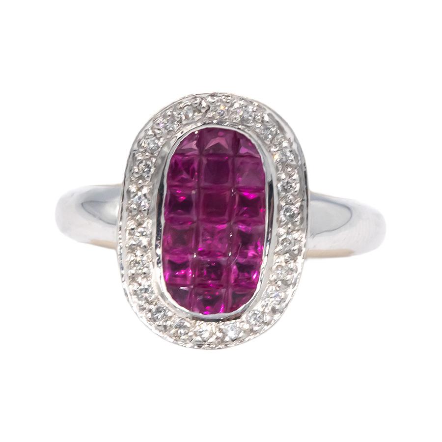 18k White Gold 0.62CT Diamond and Ruby Cluster Oval Ring Size 7.25