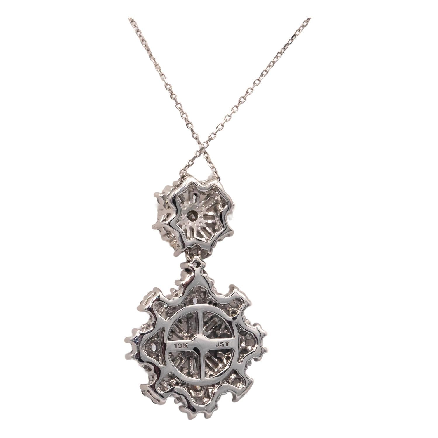 10k White Gold 1.0CT Diamond Cluster Snowflake Style Pendant Necklace