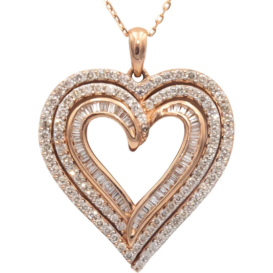 10k Rose Gold 1.0CT Diamond Open Heart Pendant Chain Necklace