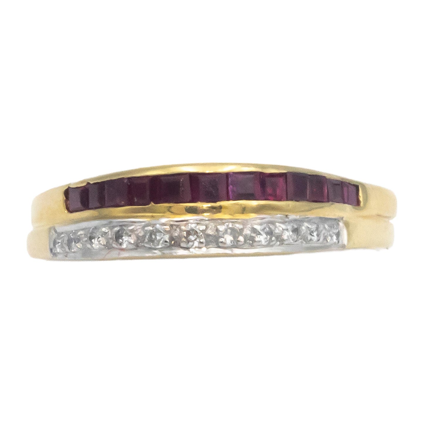 Designer 18k Gold Round Diamond and Square Ruby Band Ring 0.35CT Size 7