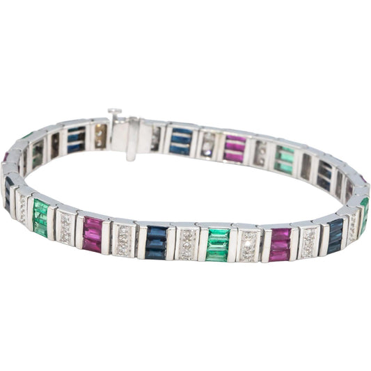 14k White Gold Diamond Ruby Sapphire Emerald Fancy Bracelet 5.85CT