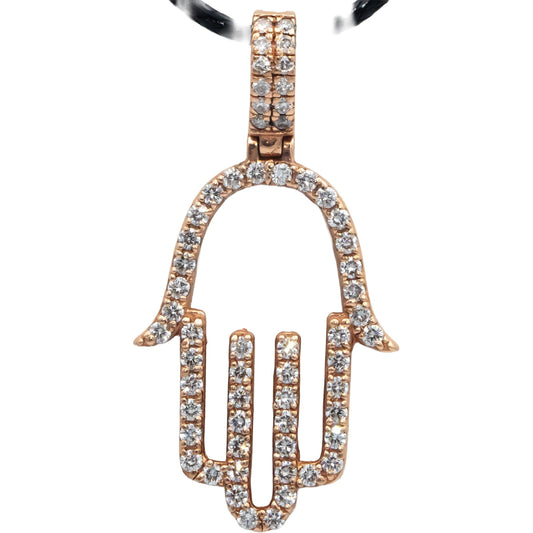 10k Rose Gold 1.09CT Diamond Hamsa Hand Pendant On Cord Necklace