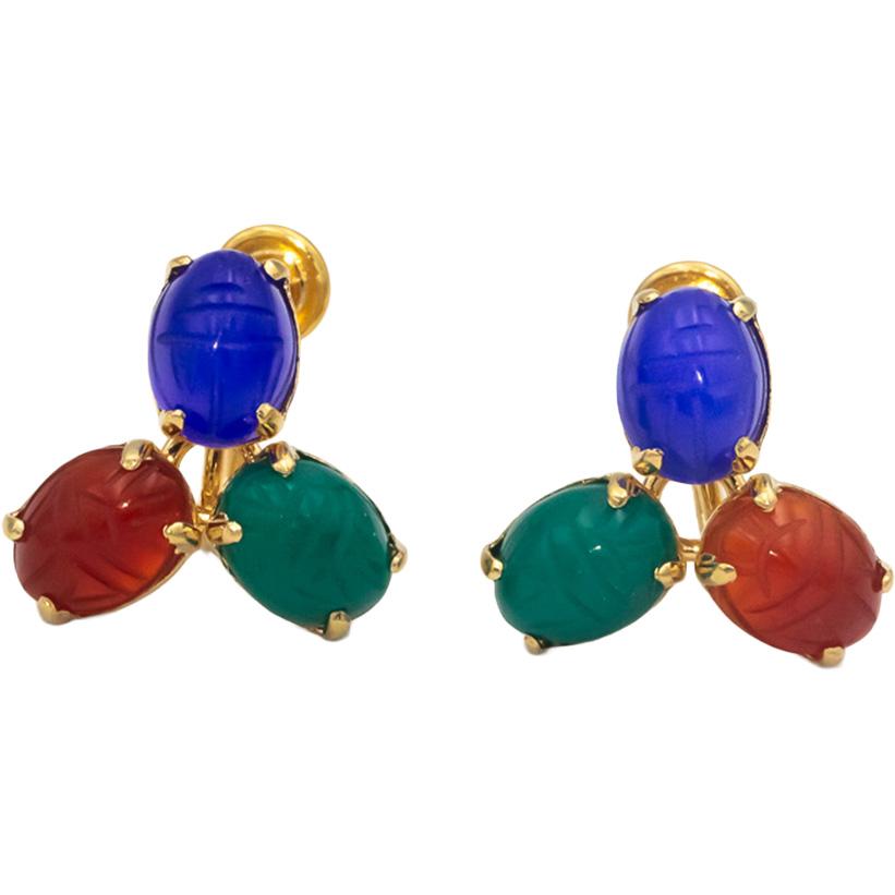 14k Yellow Gold Scarab Carved Assorted Gemstone Screw Back Earrings