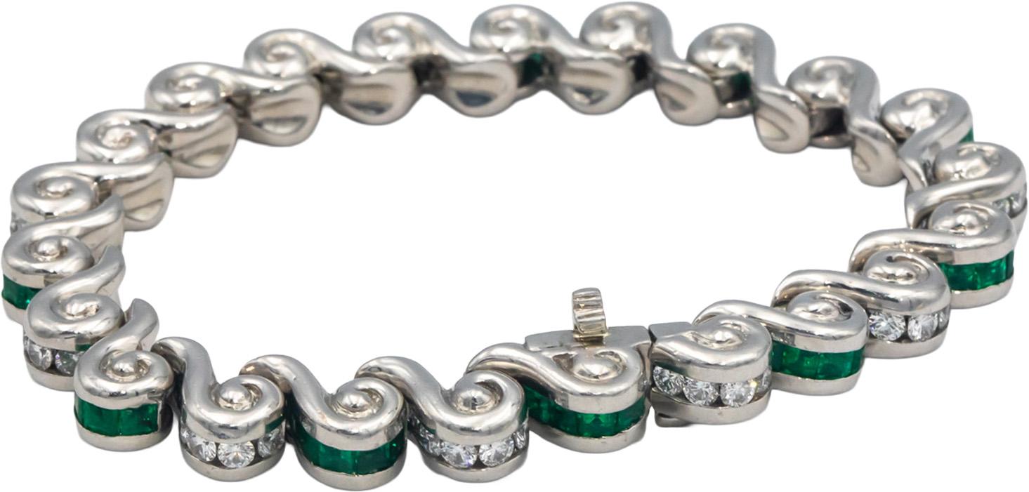 KRYPELL Designer Platinum VS Diamond and Emerald Channel Set Bracelet 7.50CT