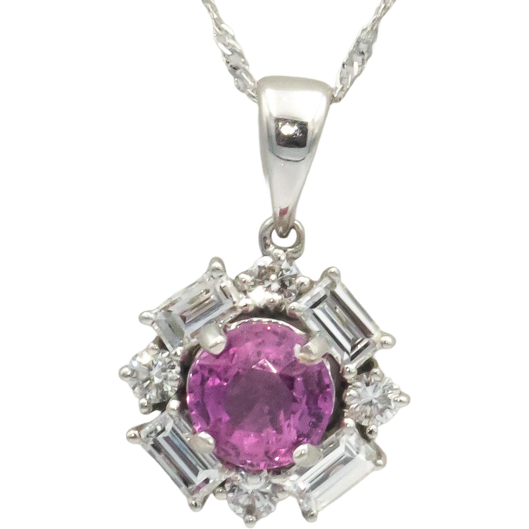 14k White Gold 1.35CT VS Diamond & Pink Sapphire Flower Pendant Necklace