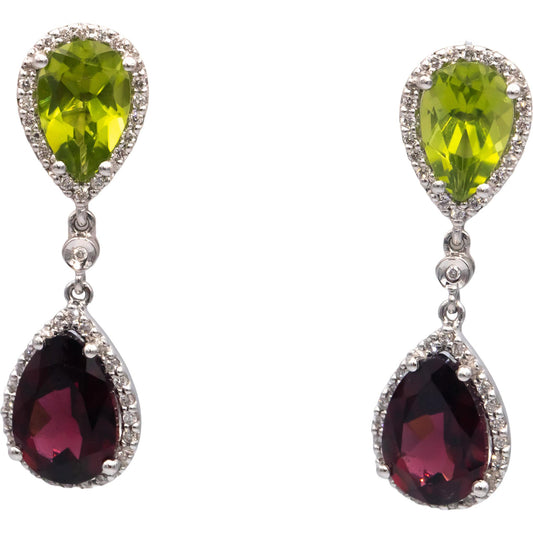 18k White Gold 7.30CT Diamond Garnet Peridot Drop Dangle Earrings