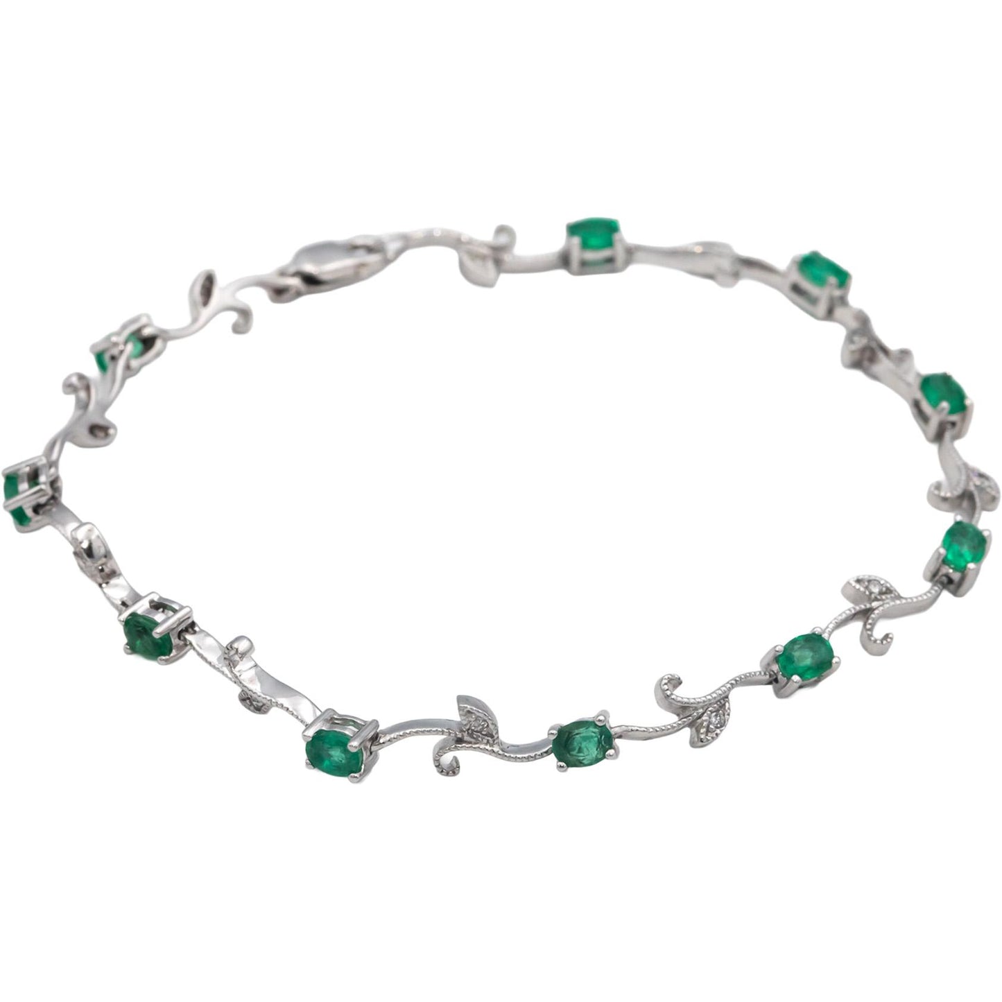 14k White Gold Diamond and Emerald Fancy Floral Link Bracelet 1.56CT