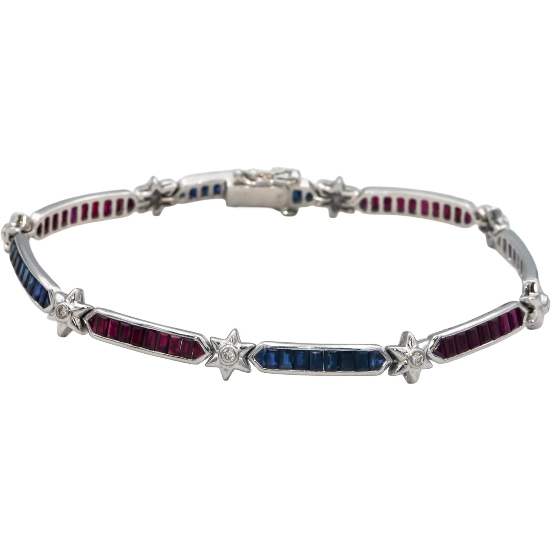 Designer 18k White Gold Diamond Sapphire Ruby Link Tennis Bracelet 3.15CT