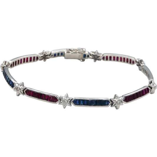 Designer 18k White Gold Diamond Sapphire Ruby Link Tennis Bracelet 3.15CT