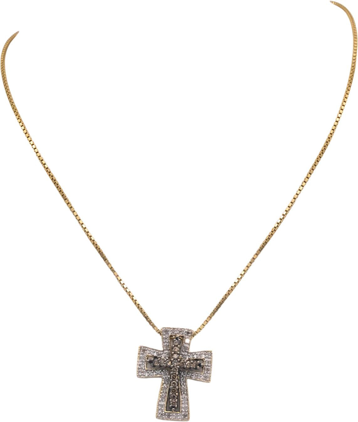 14k Yellow & White Gold 0.45CT Round Cut Diamond Cross Crucifix Pendant Necklace