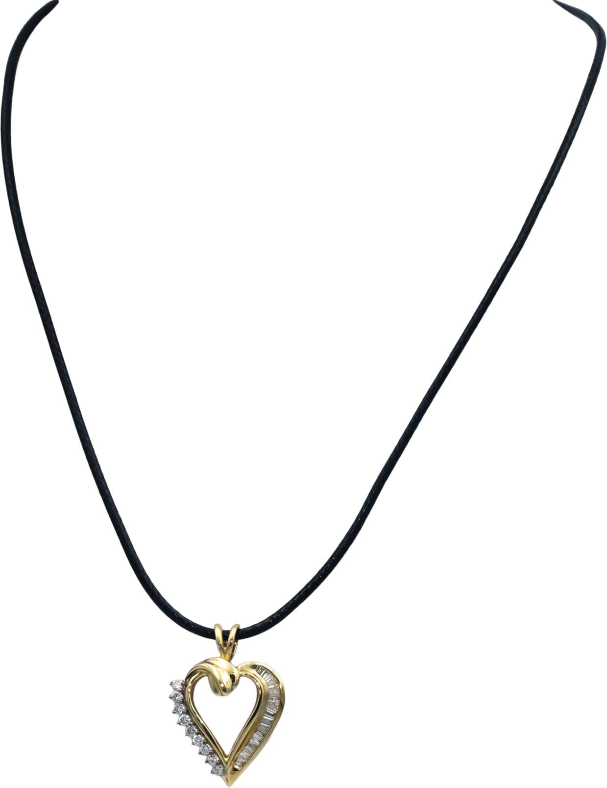 14k Yellow Gold 0.75CT Round & Baguette Cut Diamond Heart Pendant Necklace