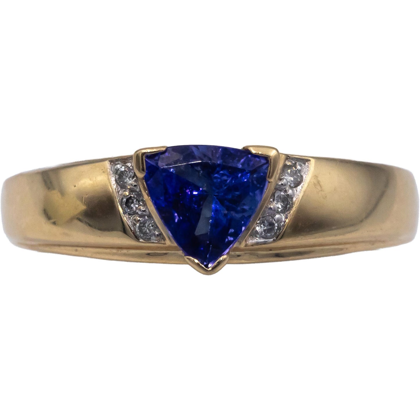 Designer 14k Yellow Gold 0.54CT Round Diamond Trillion Tanzanite Ring Size 6.75