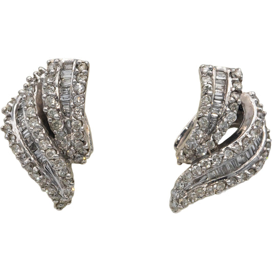 14k White Gold 1.0CT Round and Baguette Cut Diamond Ribbon Earrings
