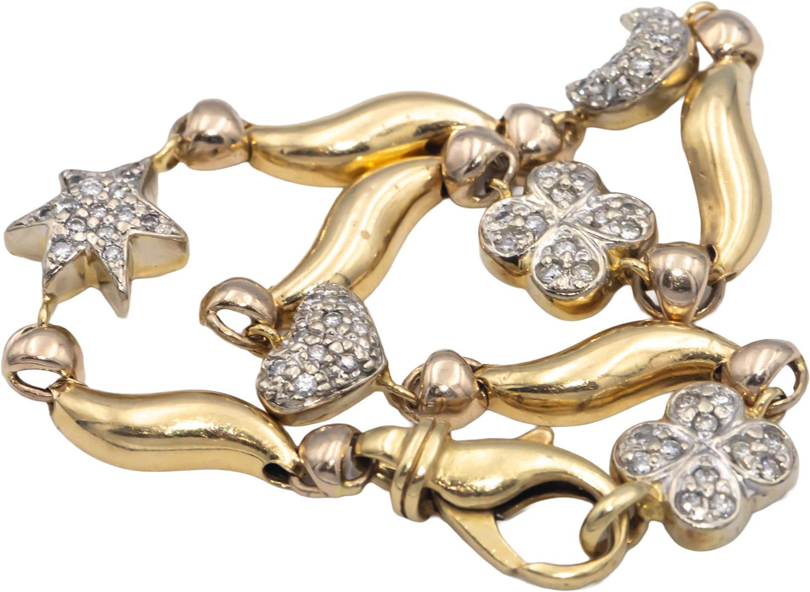 14k Yellow Gold 0.50CT Round Cut Diamond Mixed Themes Link Bracelet