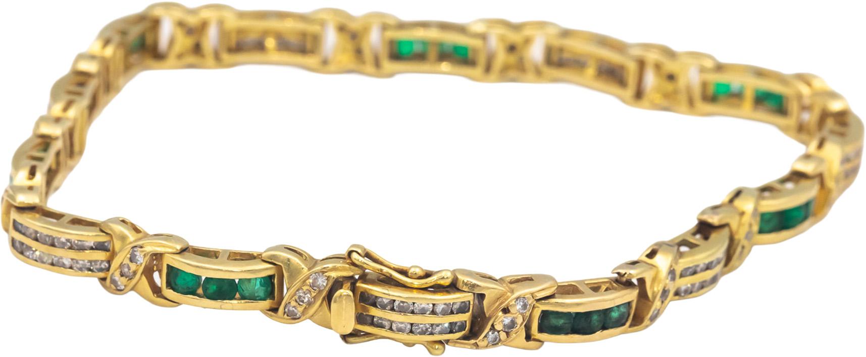18k Yellow Gold Round Diamond and Emerald Fancy Link Bracelet 2.10CT
