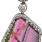 18k White Gold Diamond Green & Pink Tourmaline Dangle Earrings 12.50CT