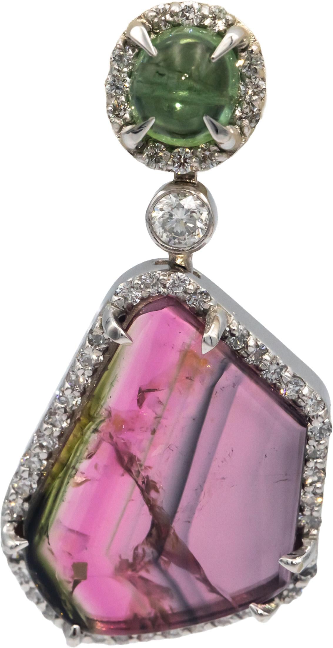 18k White Gold Diamond Green & Pink Tourmaline Dangle Earrings 12.50CT