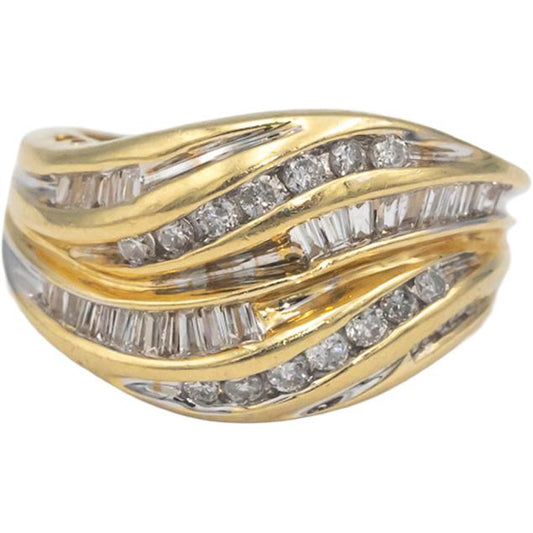 14k Yellow Gold 0.50CT Round & Baguette Cut Diamond Cocktail Ring Size 5.25