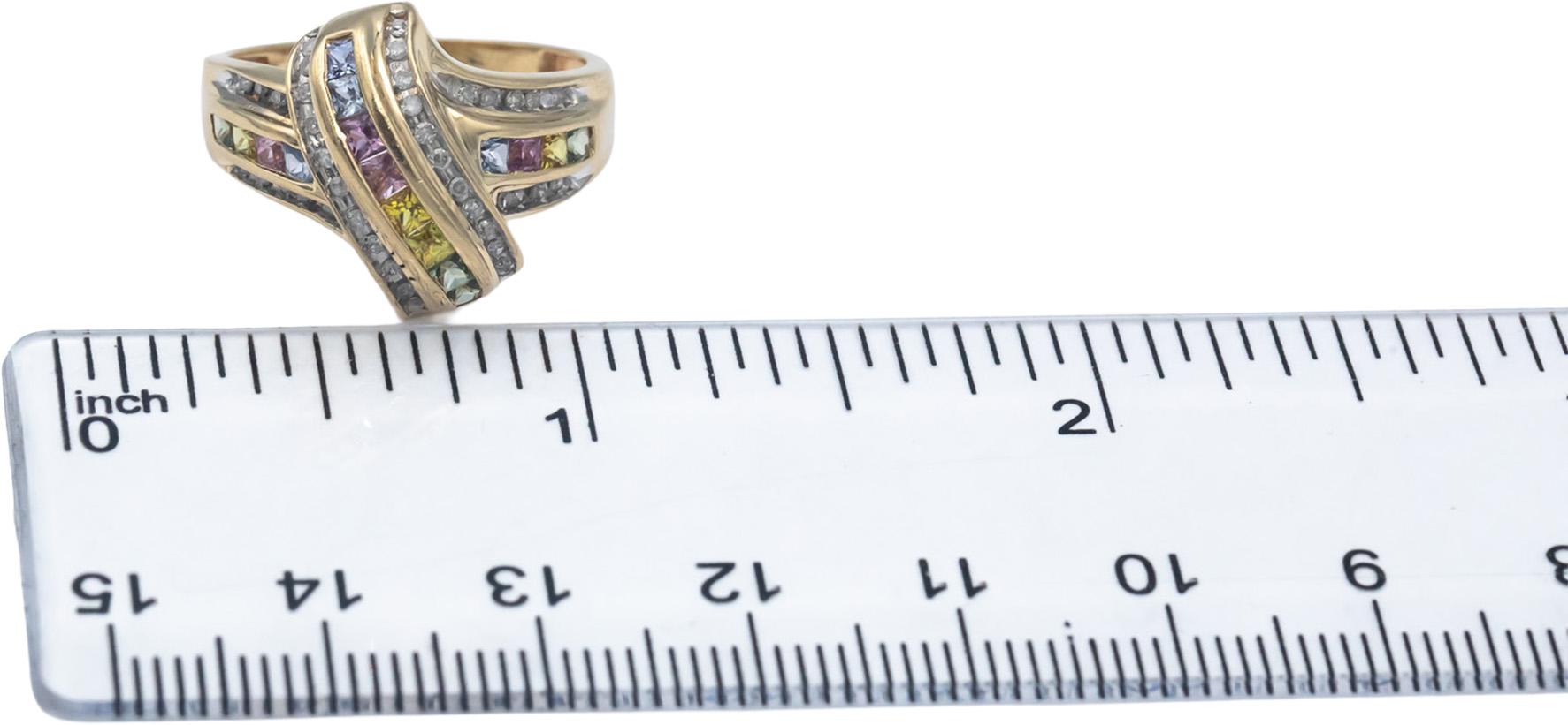 14k Yellow Gold 1.30CT Diamond & Rainbow Sapphire Crossover Ring Size 7.75