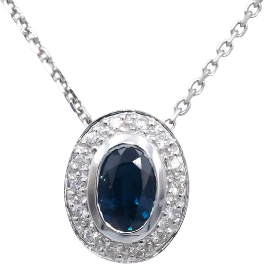 Diamond and Sapphire 18k White Gold Halo Pendant Necklace 0.65CT