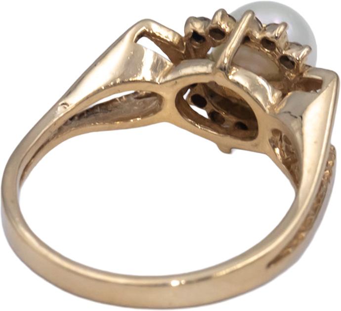 14k Yellow Gold Round Diamond & 6.5mm Pearl Cocktail Ring 0.20CT Size 5.75