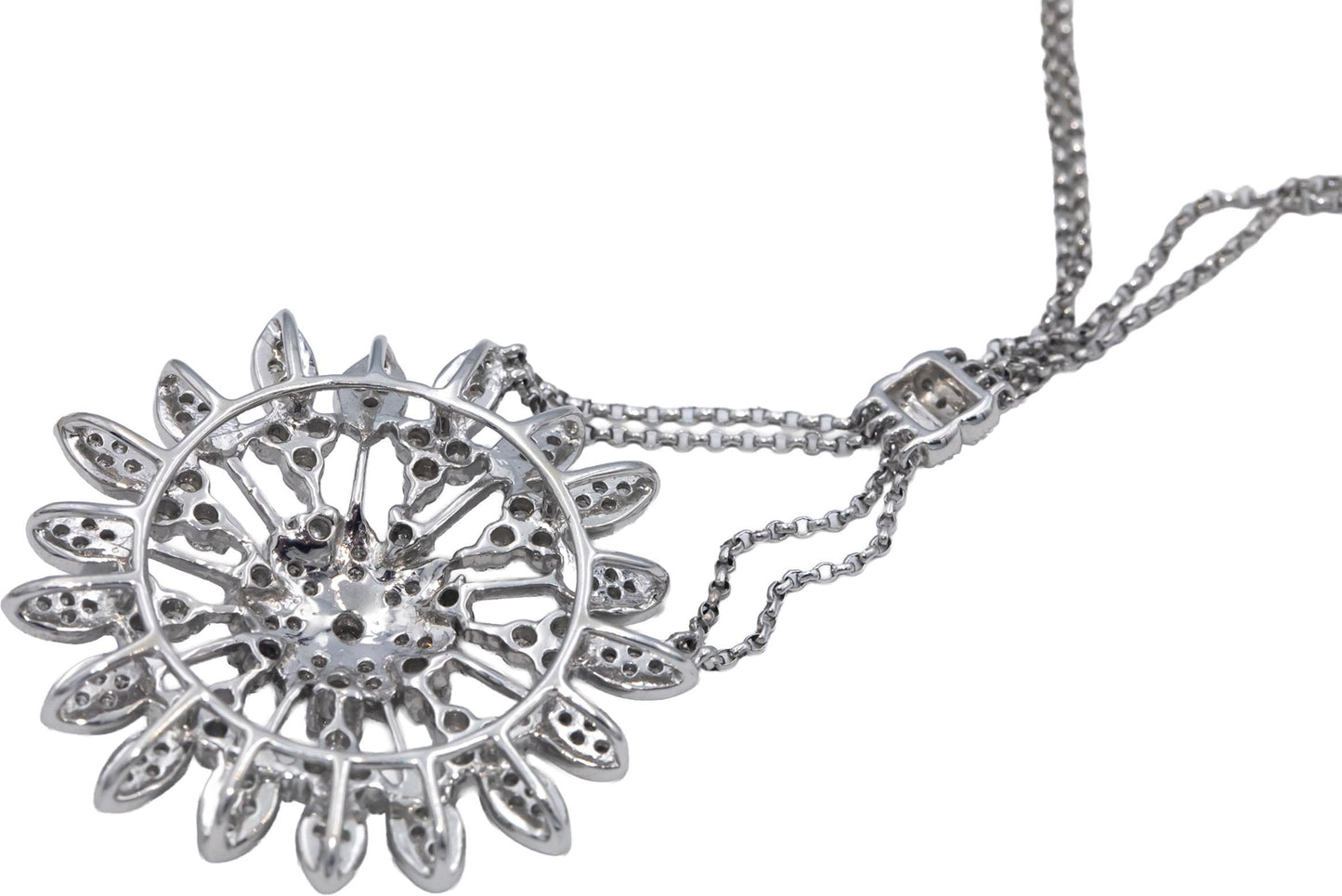 Round Diamond 14k White Gold Floral Pendant Double Chain Necklace 1.0CT