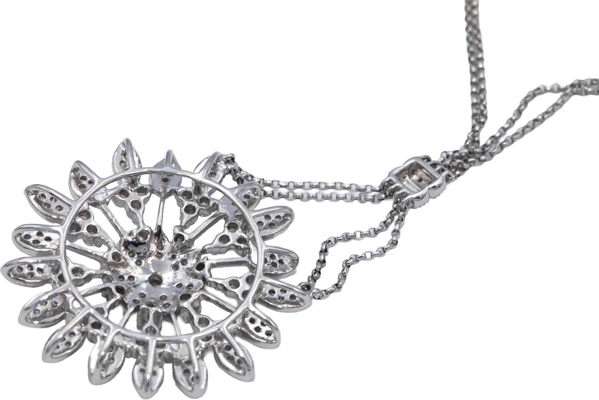Round Diamond 14k White Gold Floral Pendant Double Chain Necklace 1.0CT
