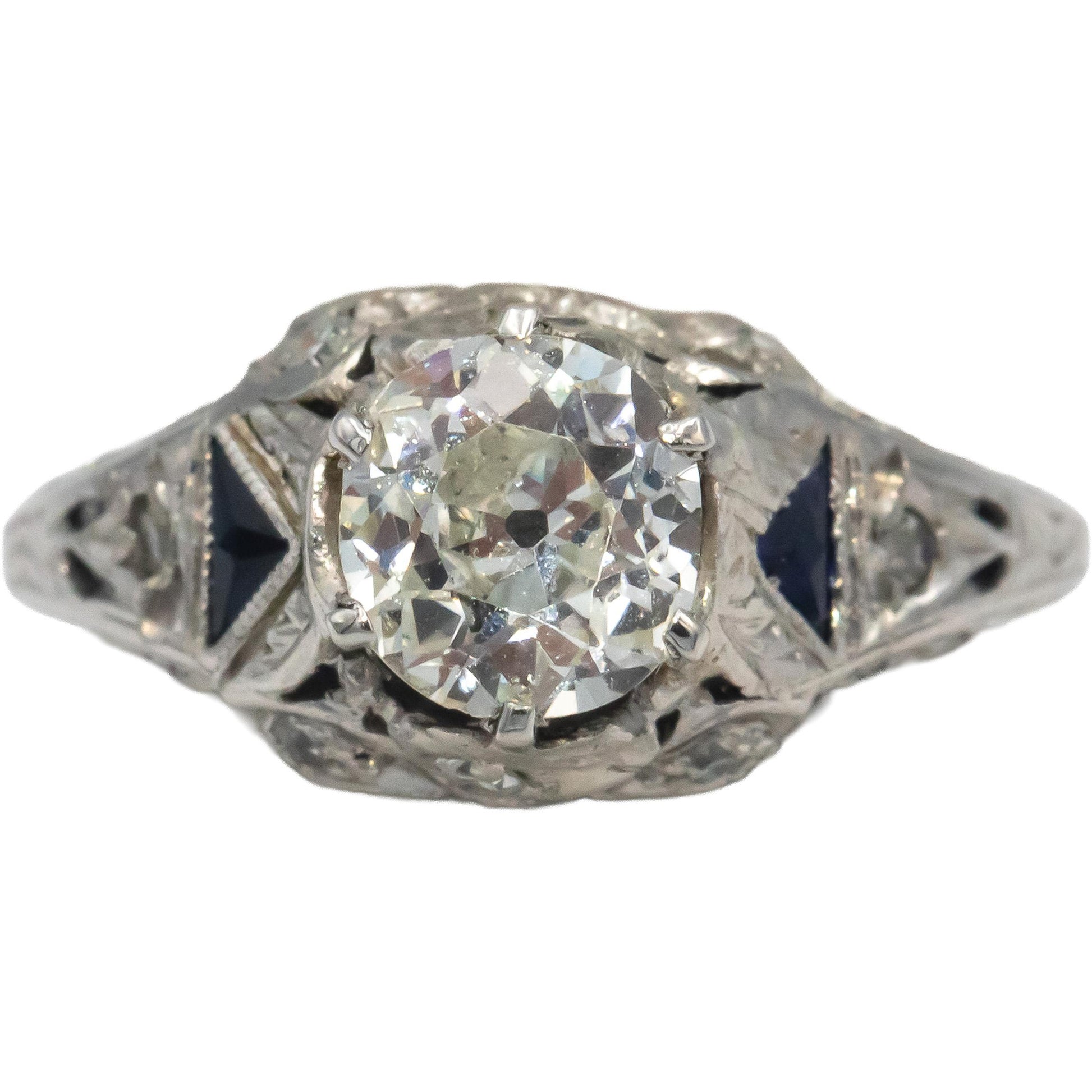 Vintage Platinum Diamond Synthetic Sapphire Filigree Ring 1.20CT w/ 1.0CT Center