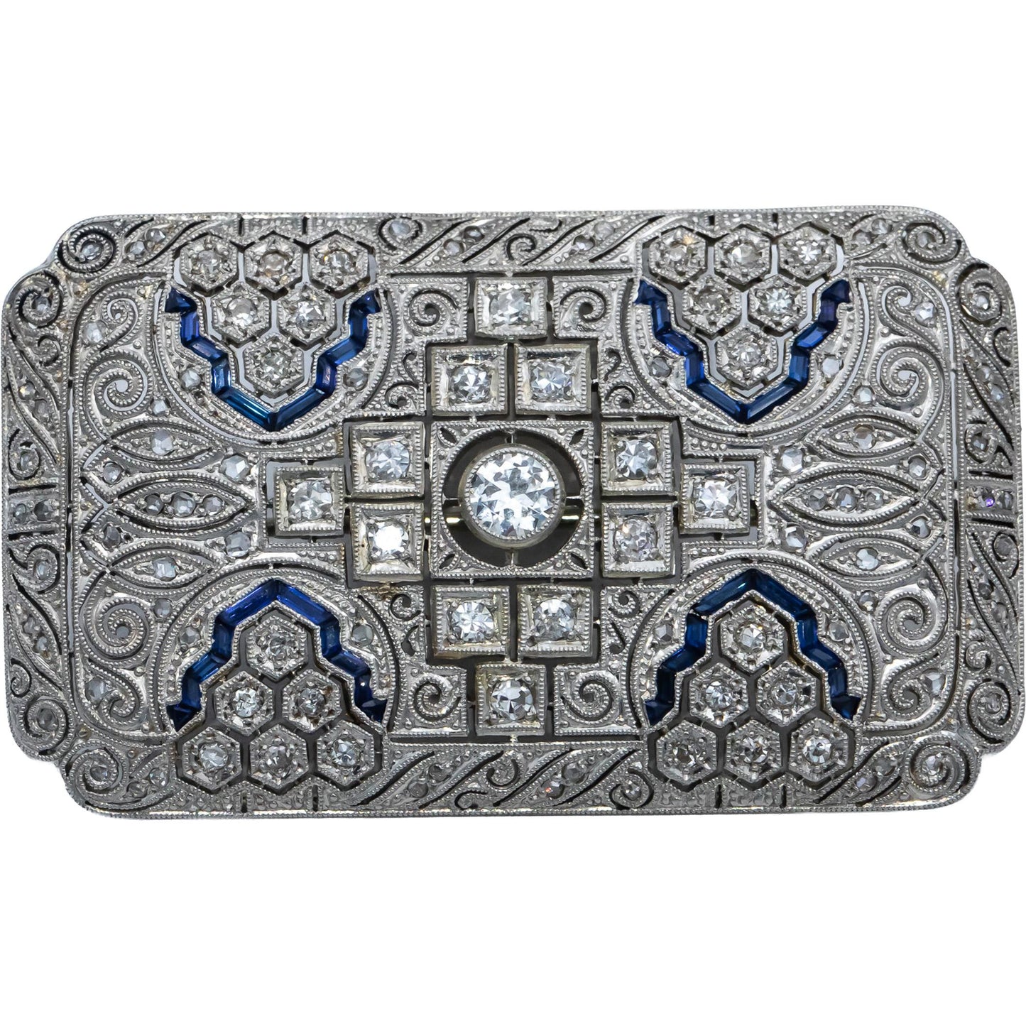 Art Deco Platinum & 18k Gold VS Diamond & Synthetic Sapphire Brooch 1.75CT