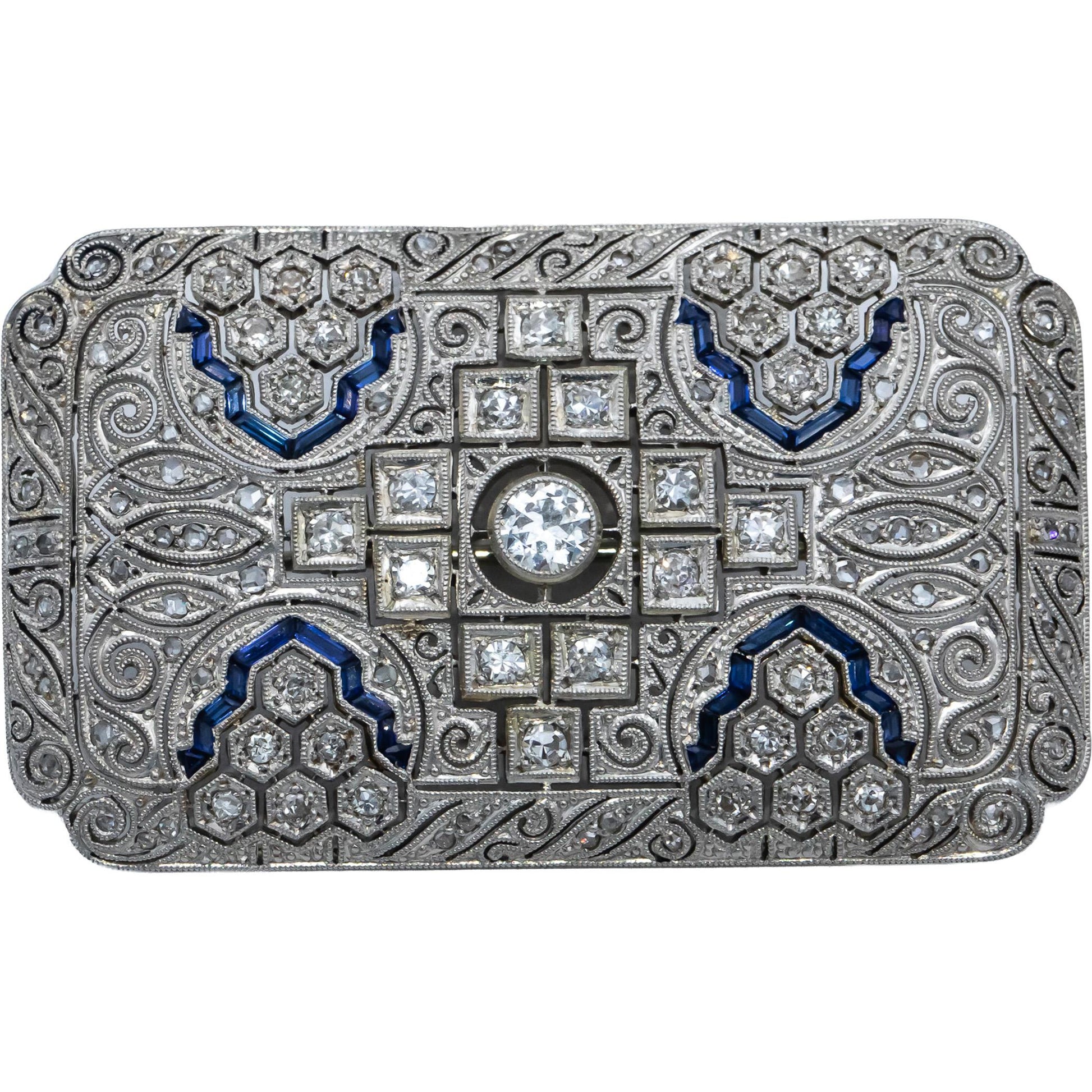 Art Deco Platinum & 18k Gold VS Diamond & Synthetic Sapphire Brooch 1.75CT