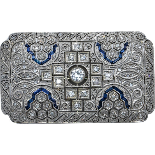 Art Deco Platinum & 18k Gold VS Diamond & Synthetic Sapphire Brooch 1.75CT