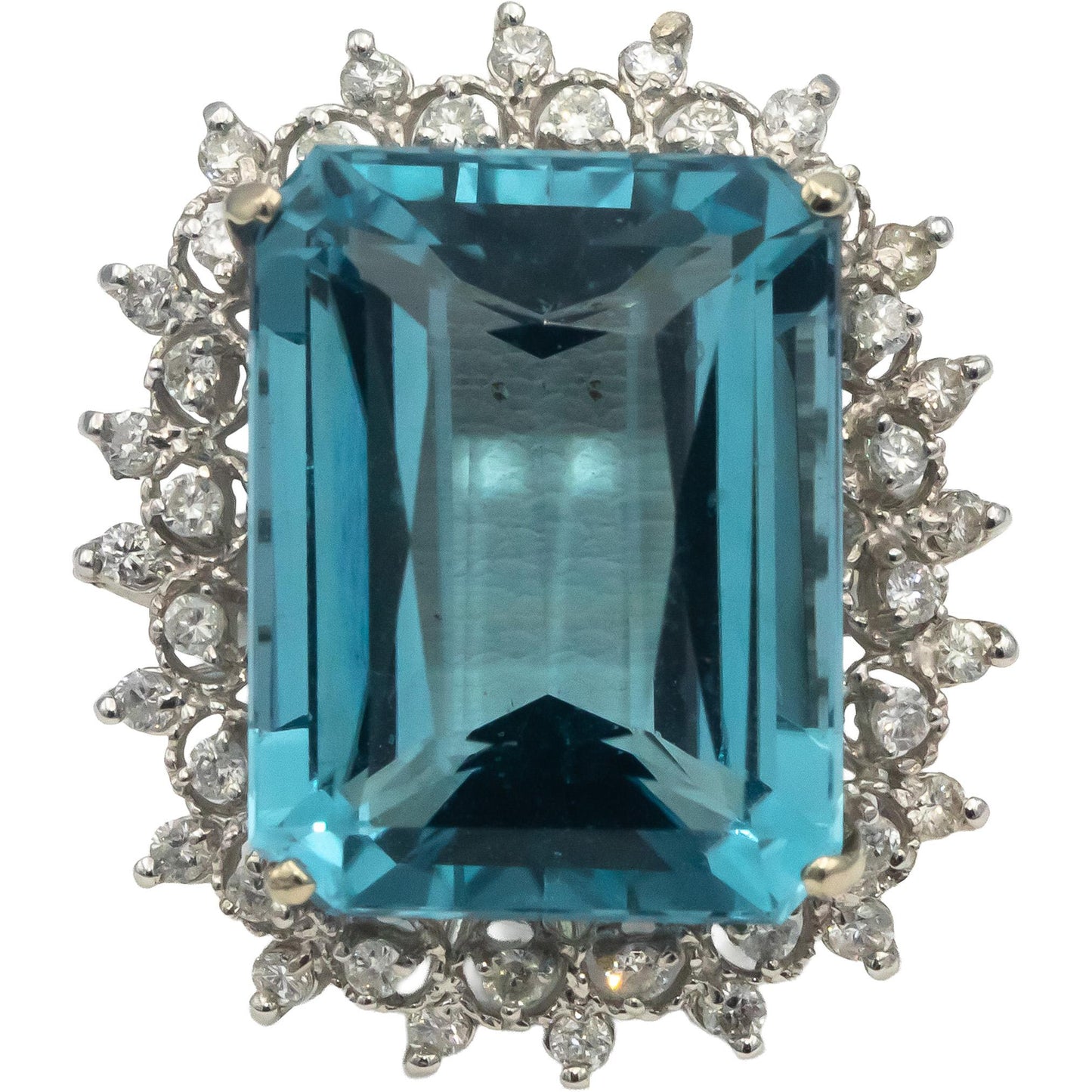 14k White Gold Emerald Cut Aquamarine Round Diamond Cocktail Ring 0.87CT Sz. 8.5